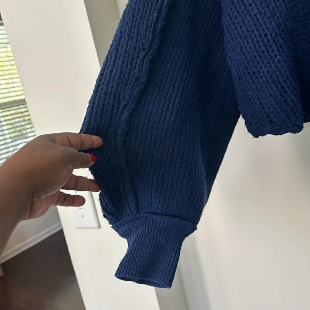 Free People Vanguard Blue Pullover Chunky Knit Cropped Sweater L - Picture 5 of 9